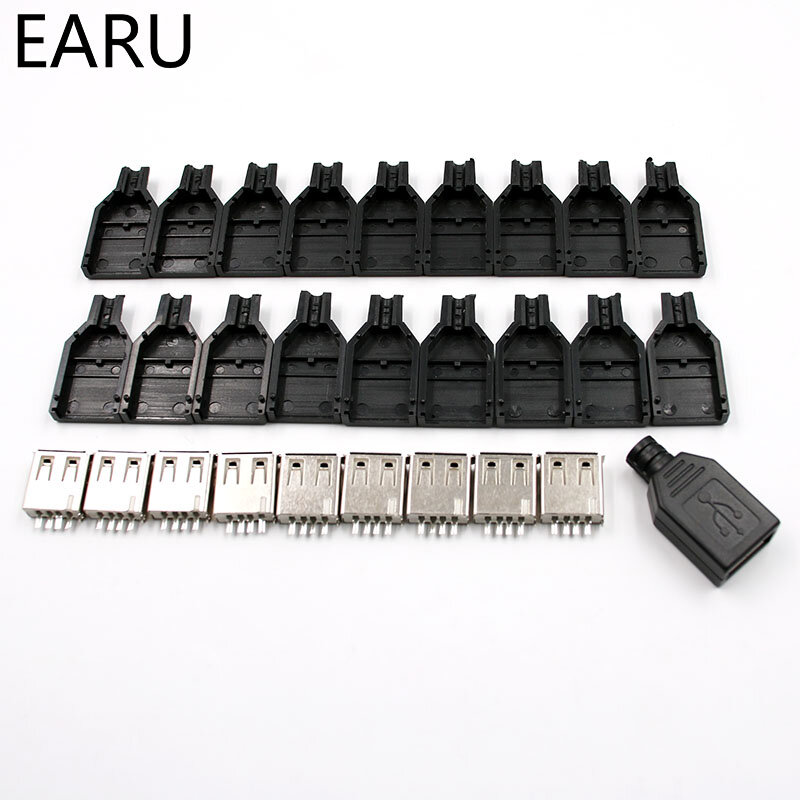 DIY 10 قطعة نوع الأنثى USB 4 دبوس موصل مقبس التوصيل مع البلاستيك الأسود غطاء USB 2.0 ربط محول PCB SDA كابل بيانات خط