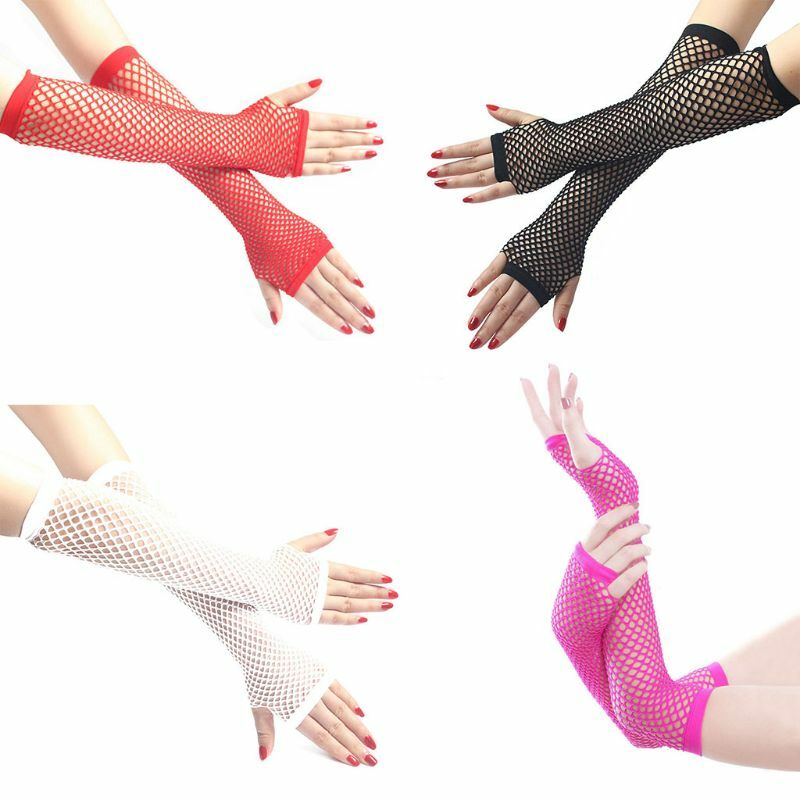 Women Punk Gothic Solid Color Fishnet Half Hand Fingerless Long Golves With Thumb Hole Wrist Length Hollow Out Mittens Disco Par