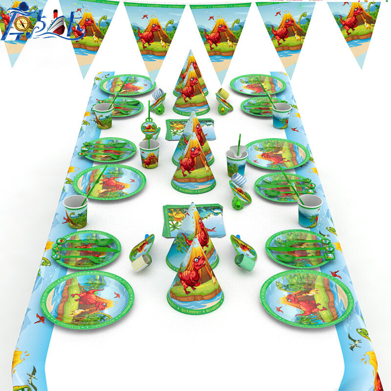 Conjunto de louça descartável com tema de dinossauro, decoração para festa de feliz aniversário infantil, pratos, copos, guardanapos, utensílios para festa