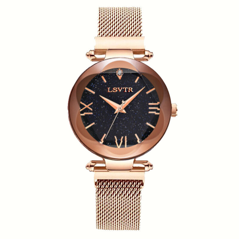 Reloj de lujo de oro rosa para mujer, pulsera con imán de cielo estrellado, número romano, femenino, 2023