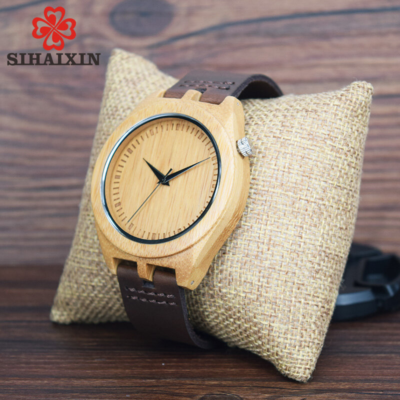 SIHAIXIN – montres à Quartz en bambou naturel, Original, amoureux du bambou naturel décontracté, Style classique, avec Bracelet en cuir véritable, dans boîte cadeau