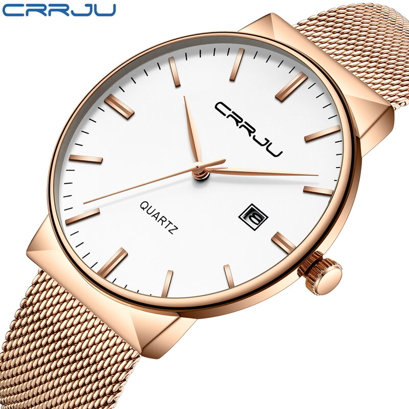 CRRJU موضة تريند تصميم بسيط للرجال رقيقة جدا ساعة الفولاذ المقاوم للصدأ يوميا مقاوم للماء كوارتز ساعة معصم ساعة رجالية هدية