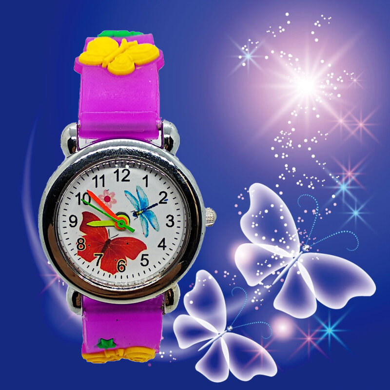 Relógio infantil de quartzo com mostrador de borboleta, relógio casual de silicone com pulseira para presente para meninas