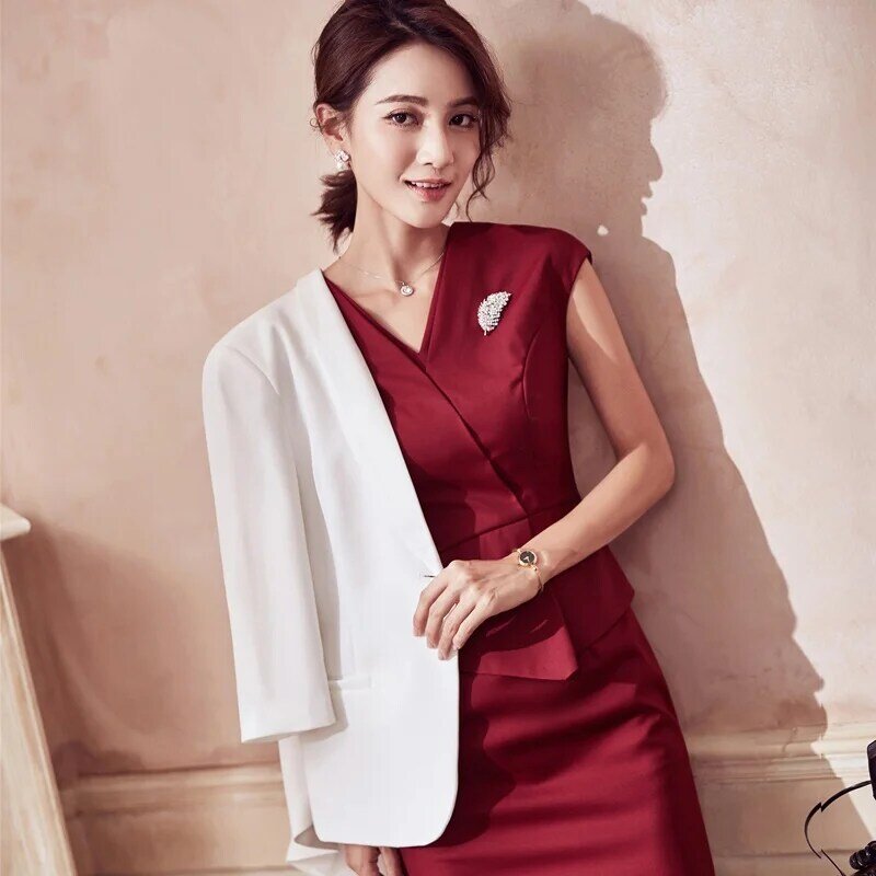 2019 kobiet formalna sukienka wiosna lato jednolite wzory biurowe koreański kobiety garnitur bez rękawów sukienka i biały Blazer DD2028