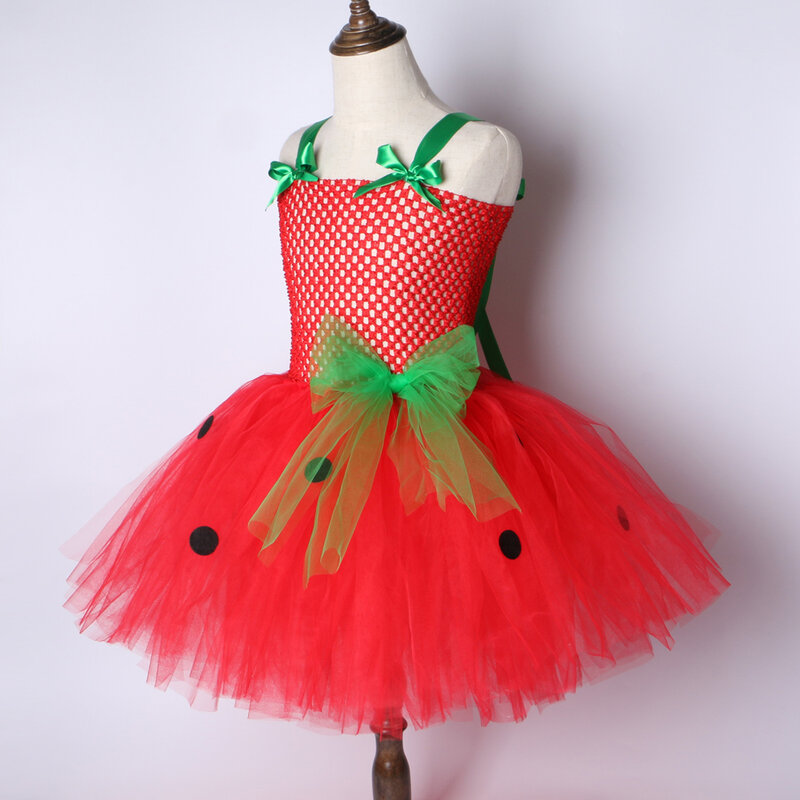 Truskawkowe dziewczyny Tutu sukienka czerwony zielony tiul dzieci dziewczyna Party Dress dzieci urodziny boże narodzenie kostium na Halloween dla dziewczynek 2-12Y