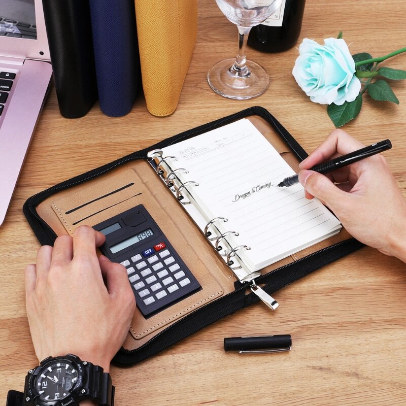 PU Leather Cover A6 Zipper Notebook Loose-Leaf Business Notepad With Calculator