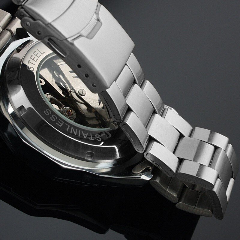 ผู้ชนะนาฬิกาผู้ชายอัตโนมัตินาฬิกายี่ห้อLuxury Men's CLASSIC LuminousสแตนเลสสตีลSelf Skeletonเครื่องกลนาฬิกานาฬิกา