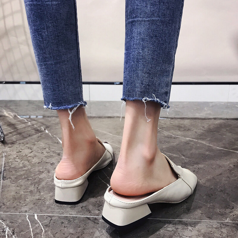 chic open toe mules women thick heel cutout sandals black/white leather slippers women flip flops sandalias mujer 2018