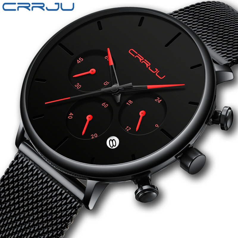 Top luksusowa marka CRRJU mężczyźni oglądać prosty stylowy Chronograph zegarek kwarcowy Mesh zegarek minimalistyczny wodoodporny 24 godziny zegar z kalendarzem
