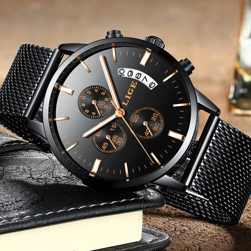 Часы наручные LIGE мужские спортивные в стиле милитари, модные повседневные армейские, с хронографом и автоматической датой