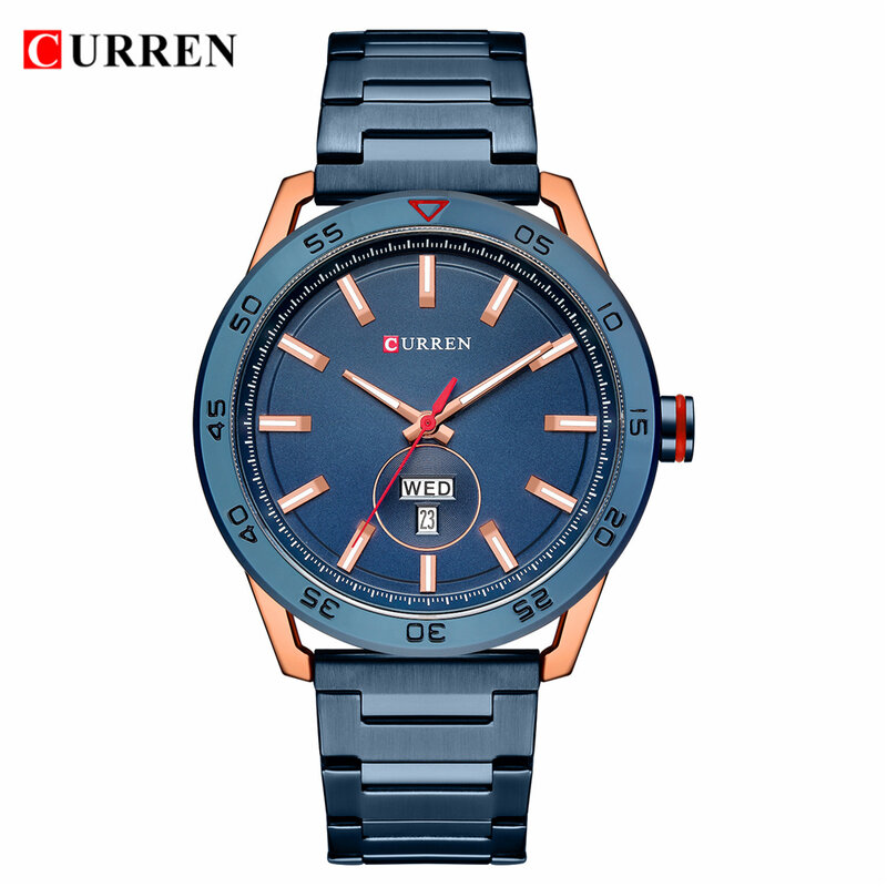 Currren-novo relógio masculino de marca luxuosa, criativo, azul, pulseira de aço inoxidável, relógio de quartzo, data e semana, relógio de exibição