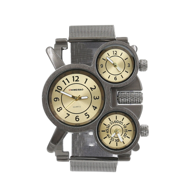 Kreatywny męskie zegarki Top marka luksusowe czarny opaska z siatki stalowej trzy razy zegarek wojskowy mężczyźni unikalne kwarcowy zegarek na rękę mężczyzna godzin