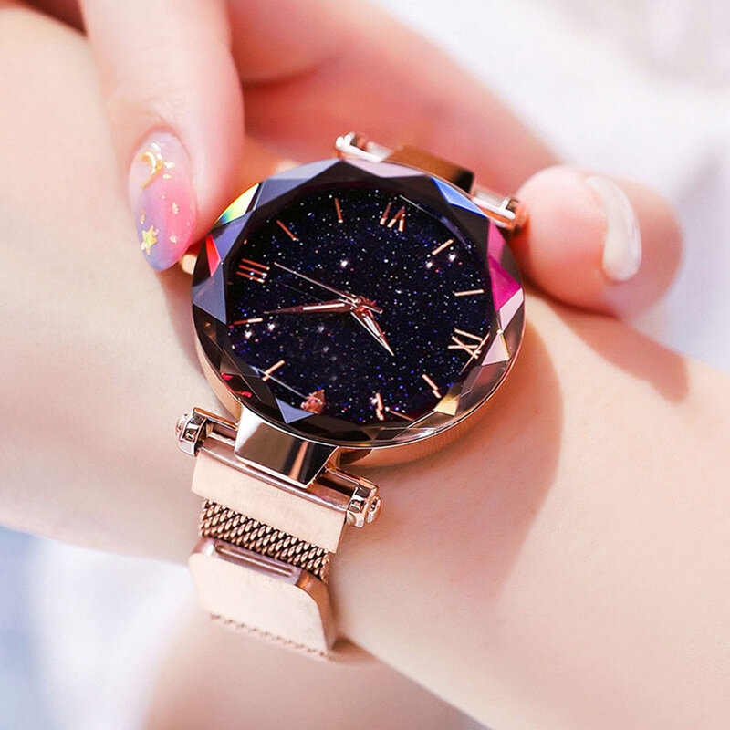 Relógios luxuosos para mulheres, fashion, elegantes, ímã, fivela, ouro rosa, relógio de pulso feminino, novo, numeral romano estrelado, presente de menina, 2020