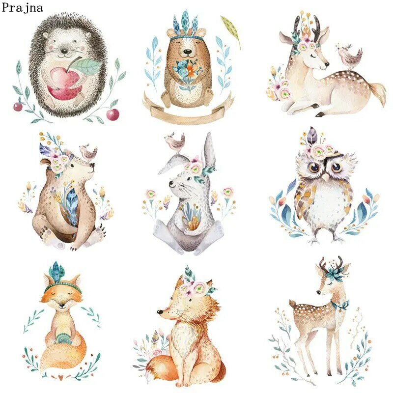 Prajna-ملصق فينيل لنقل الحرارة ، حيوان الغابة ، رسوم متحركة ، أرنب ، غزال ، لطيف ، ملابس أطفال ، DIY ، تي شيرت