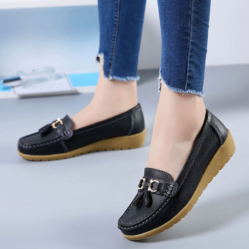 2021 Fashion Women Shoes Genuine Leather Flat Casual Shoes Ladies Solid Footwear Round Toe Sewing Women Flats Party Chaussures