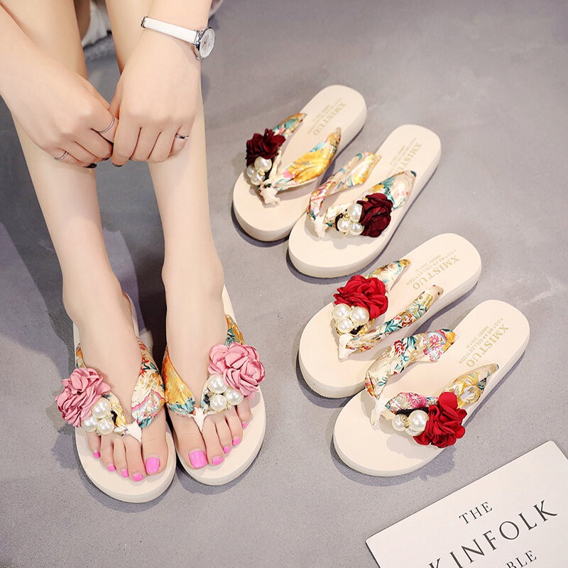 Zapatos de playa blancos para mujer, sandalias de plataforma alta impermeables, cuñas de plataforma, zapatillas hechas a mano con pendiente, zapatos de flores de 6 estilos