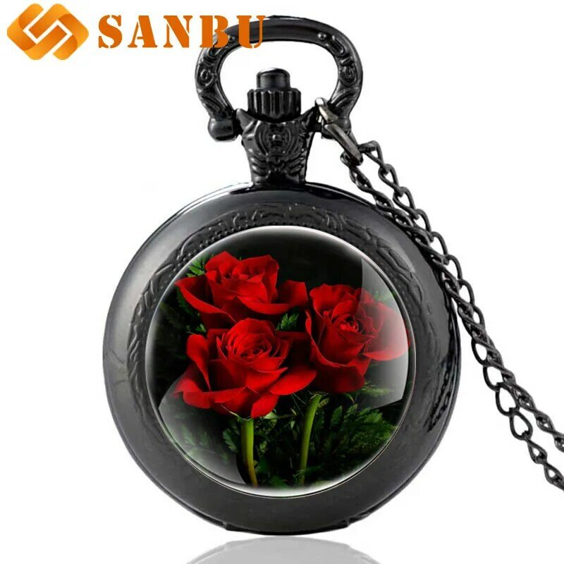 Relógio de bolso vintage de rosas, relógio de quartzo de bronze para homens e mulheres, colar retrô com joias