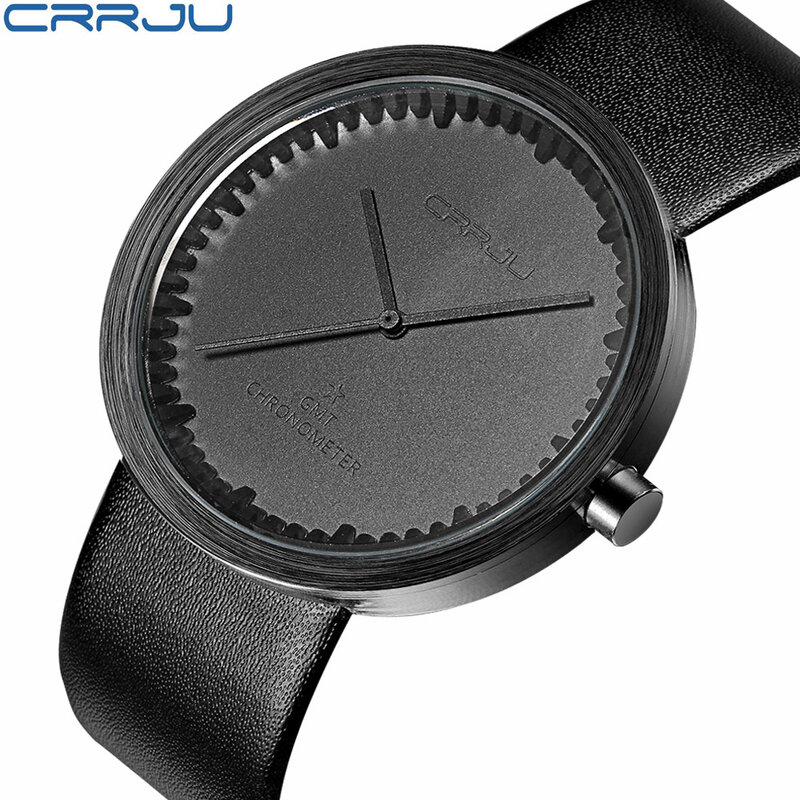 CRRJU-Reloj de pulsera de cuero para hombre, clásico, negro, militar, informal, deportivo, de cuarzo, Masculino