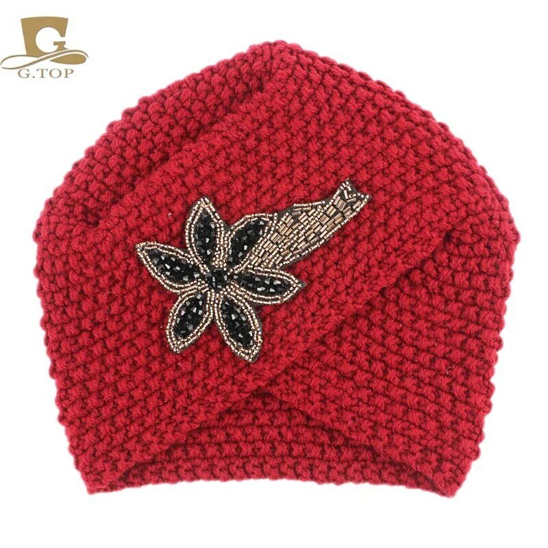 Nowe modne damskie zimowe ciepła kwiatowa Rhinestone ręcznie dzianinowy Turban Bling Beanie Crochet Headwrap Women Hat Cap