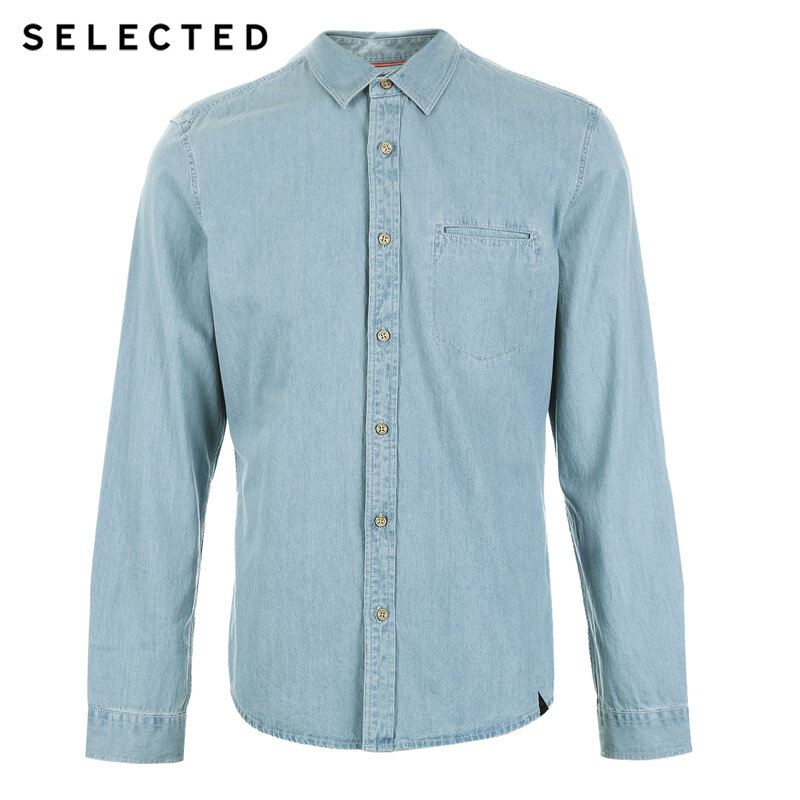 SELECTED Cotton Solid Color Business Casual Denim Men's Long-sleeved Shirt L | 417105559