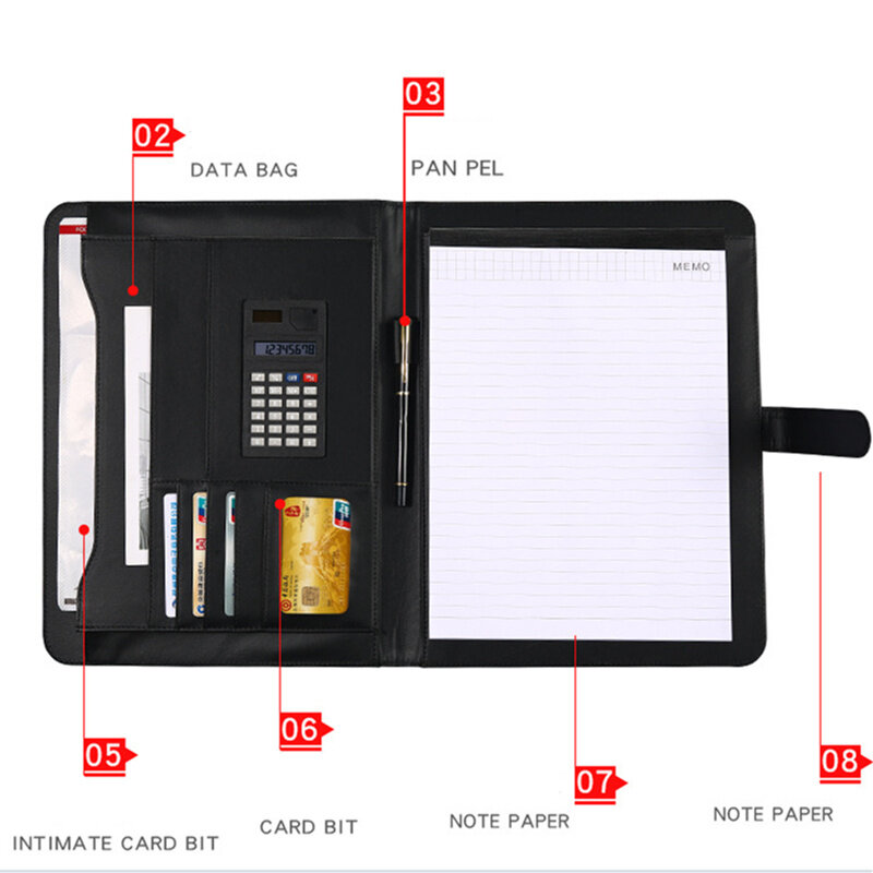 A4 File Organizer Portfolio Folder Document Bags PU Leather Notepad Multi-function Card Holder Pen File Clip Calculator Memo