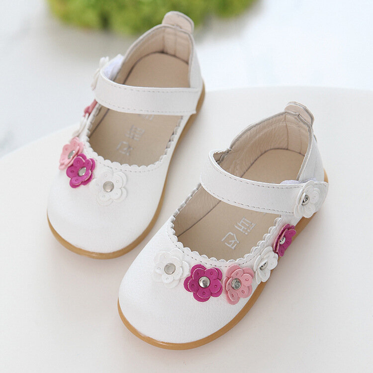 spring and autumn flowers PU waterproof tendon soft bottom girls pink shoes white girls shoes leather party princess