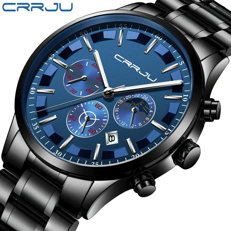 Reloj de pulsera CRRJU de cuarzo de acero inoxidable para hombre, cronógrafo multifunción clásico, reloj deportivo resistente al agua para exteriores, reloj masculino