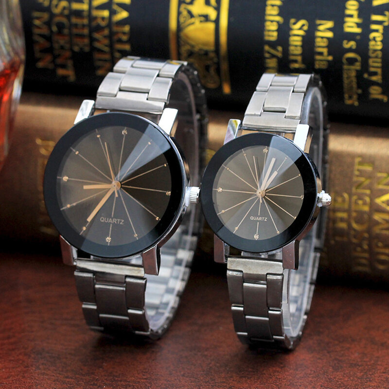 Relógio de quartzo elegante para amantes, relógio de pulso de aço preto minimalista criativo feminino e masculino, relógio de diamante unissex