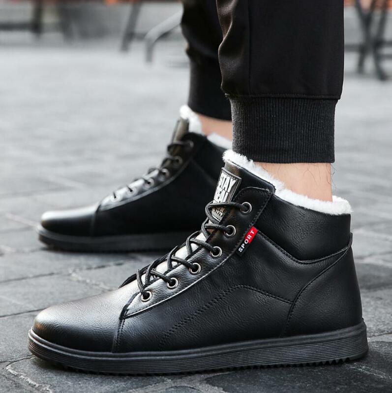 Botas masculinas pretas de couro artificial, calçados quentes de inverno com pelúcia e pelo para homens, novo, 2021