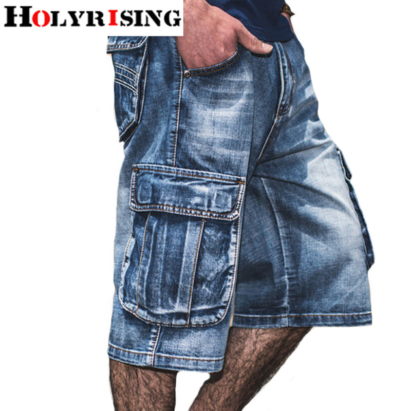 Holyrising-pantalones vaqueros desgastados para hombre, ropa de calle con bolsillos y cremallera, longitud hasta la pantorrilla, azul, 30-46 talla grande, Verano
