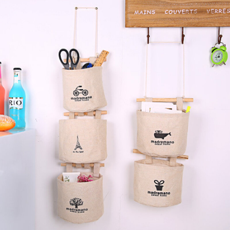 Bolsa de cosméticos con dibujos animados para mujer, bolsa de lino y algodón para colgar en la pared del armario o el hogar, organizador de juguetes cosméticos
