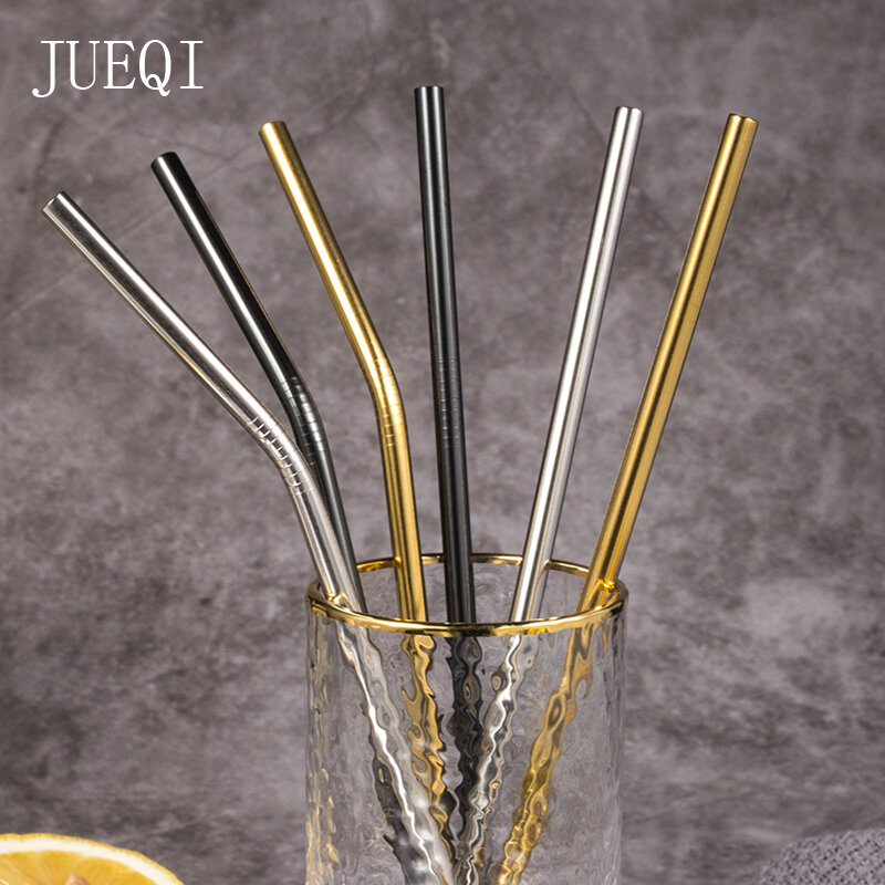 JuiQi 304 Stainless Steel Metal Straw High Quality Reusable Drinking Straw with Cleaning Brush and Storage Pouch Golden
