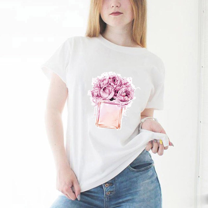 LUSLOS różowy kwiat perfumy drukuj kobiety letnia koszulka z krótkim rękawem dziewczyny śliczne Harajuku Streetwear koszula Homme Super miękka koszulka Top