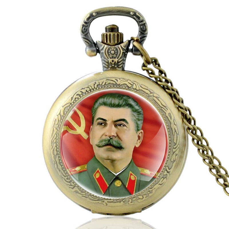 Antyczny radziecki bohater Stalin kieszonkowy zegarek kwarcowy Vintage mężczyźni kobiety wisiorek z brązu naszyjnik prezenty