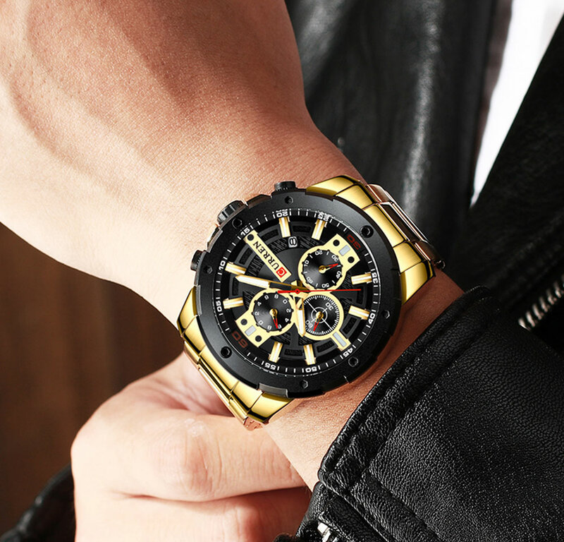 Reloj de pulsera de acero inoxidable con cronógrafo multifunción de negocios de oro clásico con esfera grande de marca de lujo CURREN reloj de fecha resistente al agua