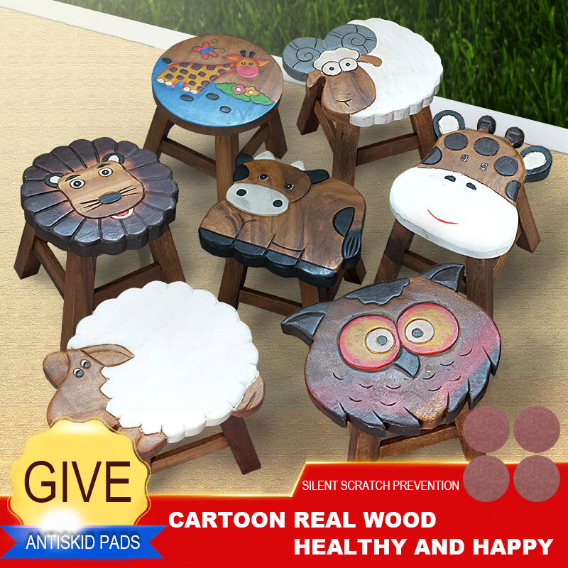 Creative cute solid wood student children  cartoon small  household shoe changing  wooden stool low stool