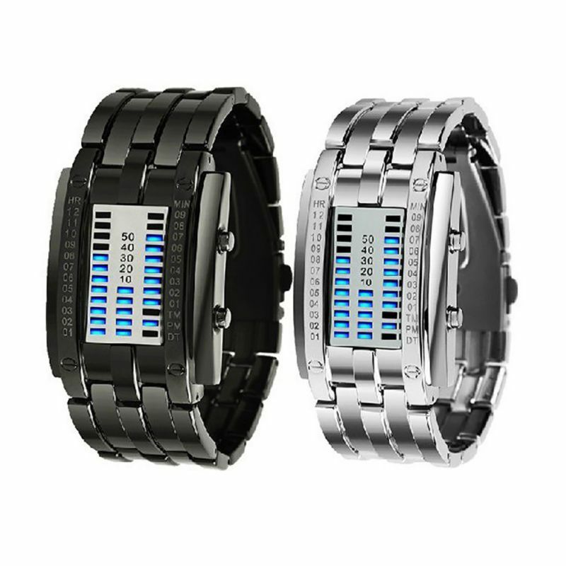 시계 남자 여자 미래 기술 이진 블랙 스테인레스 스틸 날짜 디지털 LED 팔찌 스포츠 시계