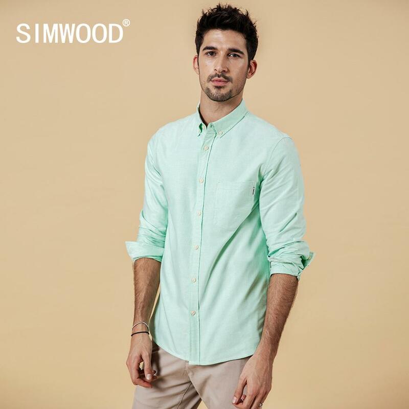 SIMWOOD wiosna jesień mężczyźni koszule nowy 2021 moda 100% czysta bawełniana, w stylu basic Slim Fit Plus rozmiar szczotkowanego koszule Oxford 180569