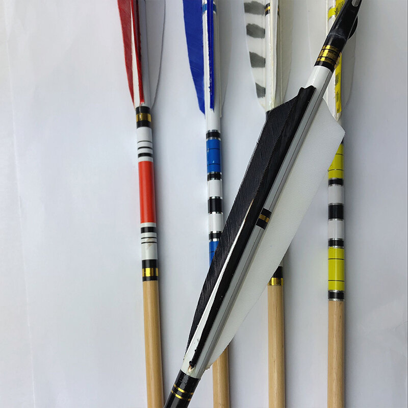 Flechas de madera de 32,5 "od8.2 mm, 5", pluma de pavo, arco tradicional, tiro con arco, caza, 12 Uds.