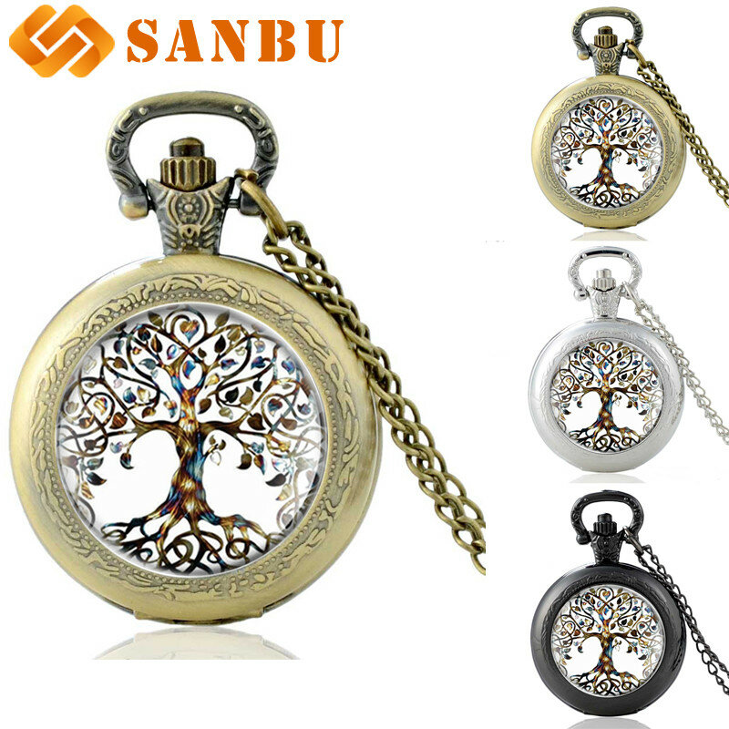 Clássico colar de corrente relógio de bolso com estilo tibetano cabochão árvore de vidro da vida pingente vintage relógio de quartzo