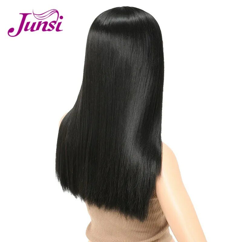 JUNSI ロングブラックレースフロント合成かつらストレートかつら女性のための中間部分で耐熱性繊維の毛