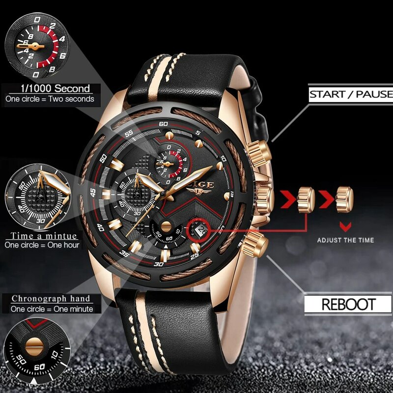 LIGE zegarek moda męska Sport zegarek kwarcowy skórzane męskie zegarki Top marka luksusowy złoty wodoodporny zegarek biznesowy Relogio Masculino