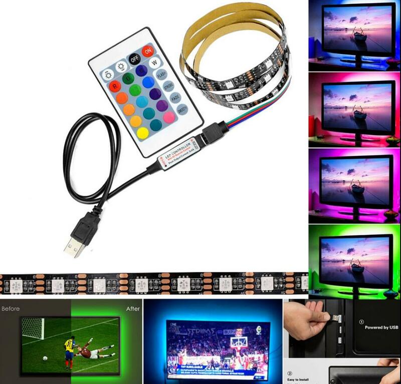 Светодиодная лента RGB 5050 60SMD/M, 5 В, комплект для подсветки телевизора + пульт дистанционного управления USB, 0,5-5 м, 17/24 клавиш, ИК Радиочастотный ...