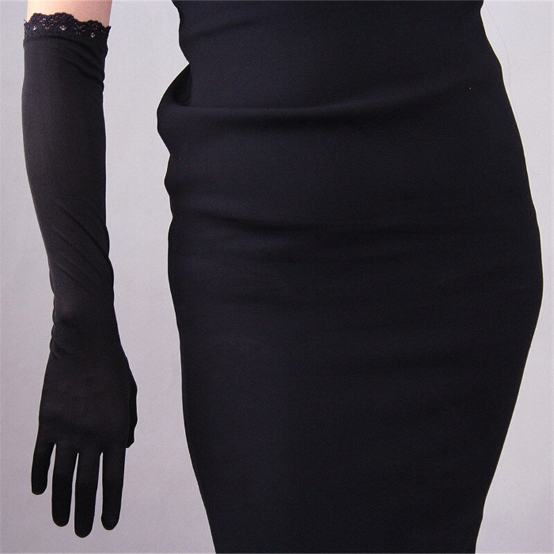 Натуральные шелковые женские перчатки, женские эластичные солнцезащитные черные кружевные шелковые вечерние рукавицы длиной 50 см с шелков...