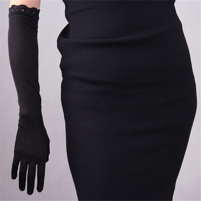 Gants de soirée en soie naturelle pour femmes, protection solaire élastique, 50cm de Long, dentelle noire, ver à soie, TB25