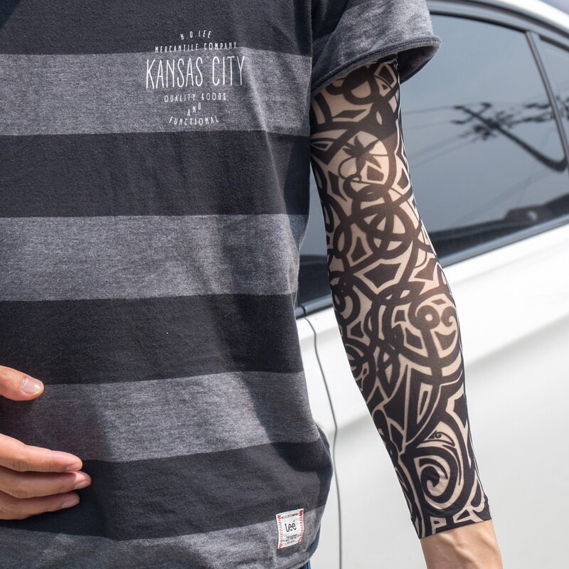 Mangas de tatuagem falsas temporária, 5 peças, malha de nylon elástica com estampas descoladas, braços do corpo, para homens e mulheres, frete grátis