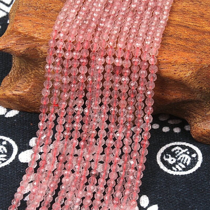 Cuentas redondas de cristal de cuarzo y fresa Natural, accesorio de 2mm y 3mm, piedra preciosa rosa, para collar, pulsera, pendiente