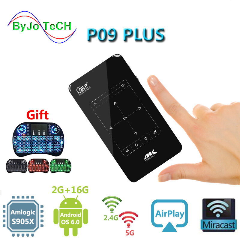 Портативный карманный проектор ByJoTeCH P09 PLUS, цифровой проектор с поддержкой разрешения 2G16G, FULL HD, 4K, Amlogic S905X, Wi-Fi, Bluetooth 4,1