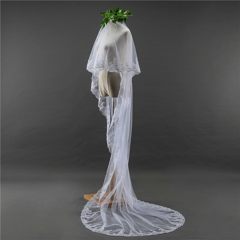 Velo de novia largo de encaje blanco, velo de novia aterciopelado elegante de alta calidad, accesorios de boda baratos, Veu de Noiva QA1287, 2019