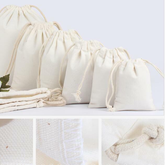 Bolsa de lona blanca blanqueada con cordón, bolsas de algodón y lino, embalaje de almacenamiento personalizado, 20 unidades/lote, 9x11,5, 10x14,5, 13x16, 15x20cm
